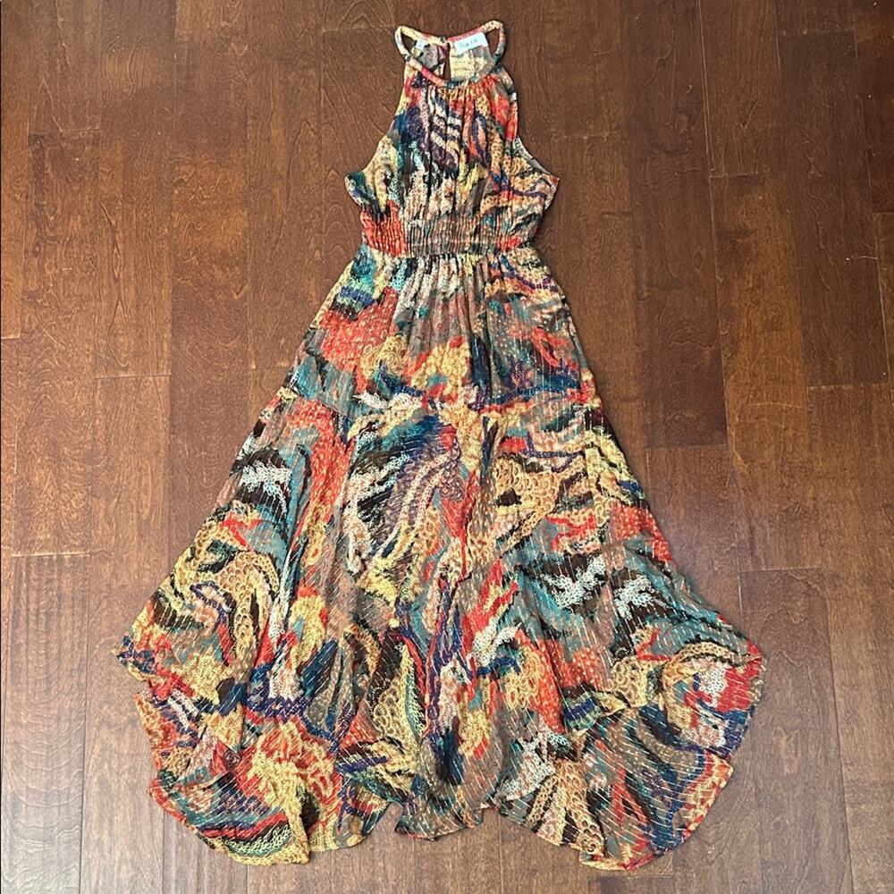 A.L.C. Bardot Multicolor Silk Long Dress with Metallic Gold Detailing, Size 2
